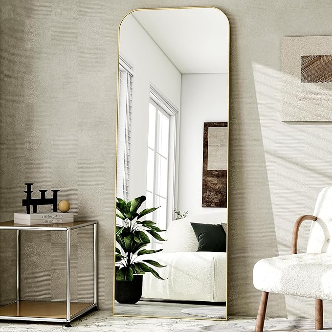 HARRITPURE 57"x20" Full Length Mirror Full Body Mirror Top Rounded Corner Aluminum Frame Hanging or Leaning Wall Floor Mirror with Stand for Living Room Bedroom Cloakroom,Gold