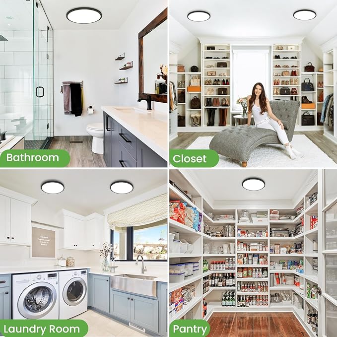 zemty LED Ceiling Light 9 Inch,24W 2400lm Bright Flush Mount Light Fixture 3000K/4500K/6000K Adjustable, Black Thin Flat Ceiling Lamp for Bathroom Closet Pantry Hallway - 6Pack