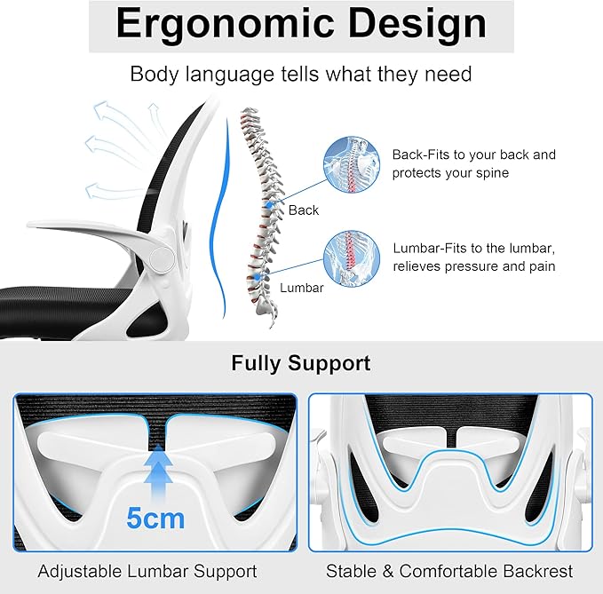 Primy Office Chair Ergonomic Desk Chair with Adjustable Lumbar Support and Height, Swivel Breathable Desk Mesh Computer Chair with Flip up Armrests for Conference Room(White)