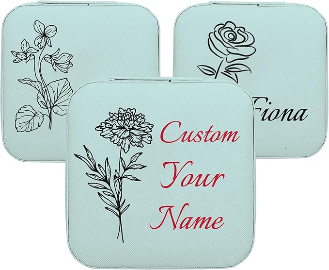 Personalized Jewelry Boxes for Women, Custom Travel Jewelry Case with Name and Birth Flower Month, Portable Jewelry Box Organizer for Mom Birthday Gifts (Blue Customizable)