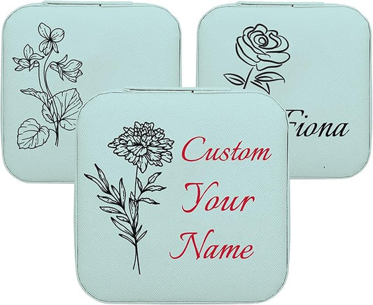 Personalized Jewelry Boxes for Women, Custom Travel Jewelry Case with Name and Birth Flower Month, Portable Jewelry Box Organizer for Mom Birthday Gifts (Blue Customizable)