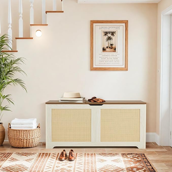 EROMMY Storage Chest, 39.4" Rattan Storage Bench with 2 Safety Hinges, Shoe Bench for Entryway, Bedroom, Living Room, Supports 300 lb