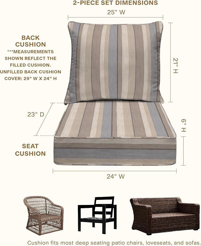 Honeycomb Outdoor Deep Seat, 24 x 23, Stripe Taupe Chair Cushion for Patio Furniture