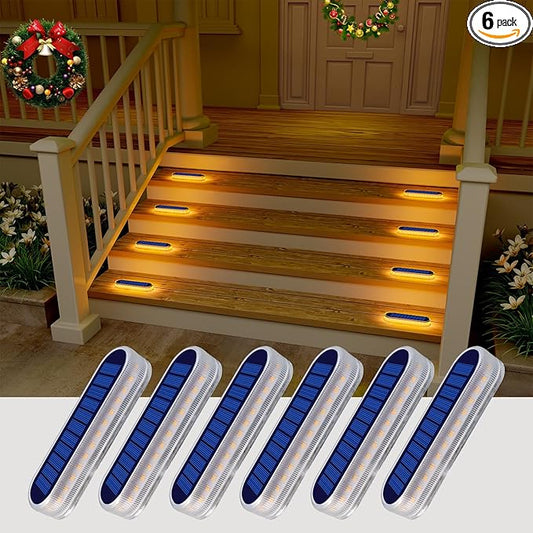 Solar Deck Lights, 6 Pack Waterproof LED Path Lights, Outdoor Solar Step Lights, Solar Powered Light Bar for Stairs, Driveway, Walkway, Pathway, Dock, Porch, Warm White