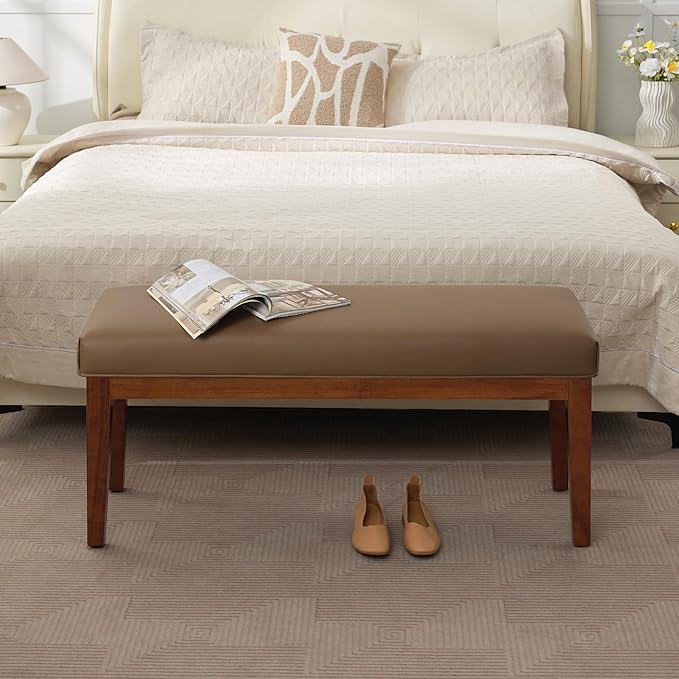 43.5'' Faux Leather Bedroom Bench, Upholstered End of Bed Bench, Padded Vintage Dining Bench, Entryway Bench with Solid Wood Legs, Kitchen, Living Room, Hallway, Brown