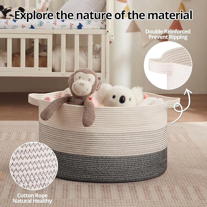 OIAHOMY Extra Large Storage Basket, 23" x 13" Woven Blanket Storage for Living Room, Round Laundry Basket for Pillow-Black and White