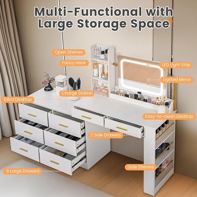 Pamapic 67" Vanity Desk with Mirror and Lights, Golden Handles 15 Storage Dresser with Mirror, 8 Drawers Makeup Vanity with Upgraded Silent Slides, Adjustable Width Corner Vanity Gift