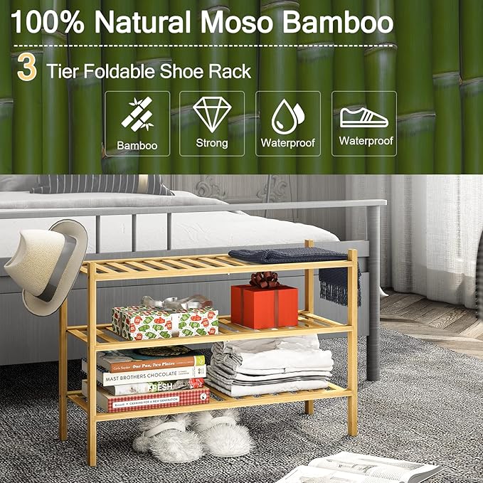 3-Tier Bamboo Shoe Rack for Entryway, Stackable | Heavy Duty | Multi-Function, Free Standing Shoe Racks for Bedroom Hallway Closet