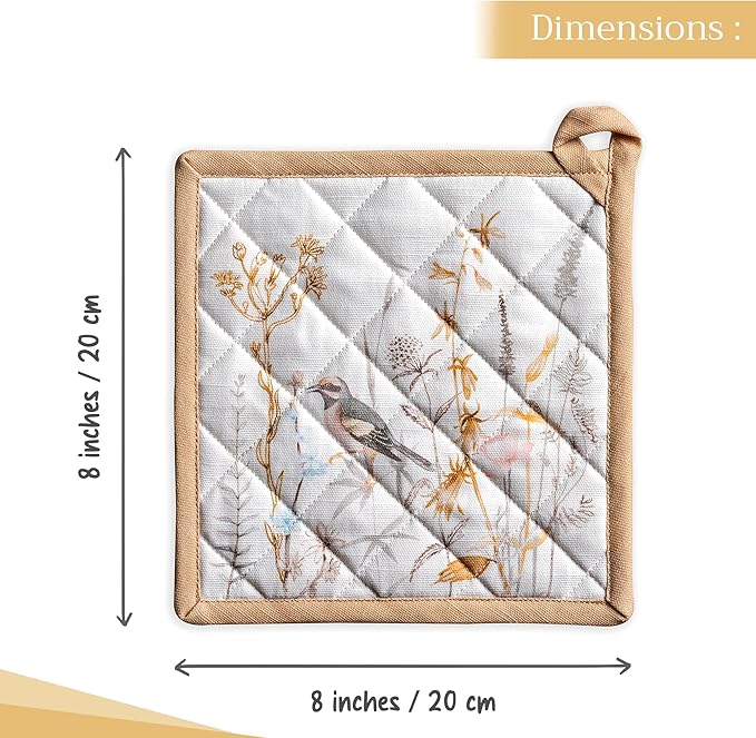 Maison d' Hermine Pot Holders 100% Cotton Heat Resistant Potholders 8" x 8" Hot Pads with Loop BBQ, Cooking, Grilling, Kitchen, Handling Hot Pans Spring/Summer (Pack of 1, Meadow Florals - Beige)