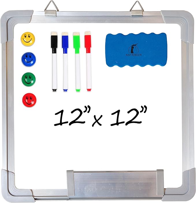 Whiteboard Set - 12 x 12 in Dry Erase Board with 1 Magnetic Dry Eraser, 4 Dry Wipe Markers and 4 Magnets - Small White Board Wall Hanging Marker Board for Home Office School (12x12)