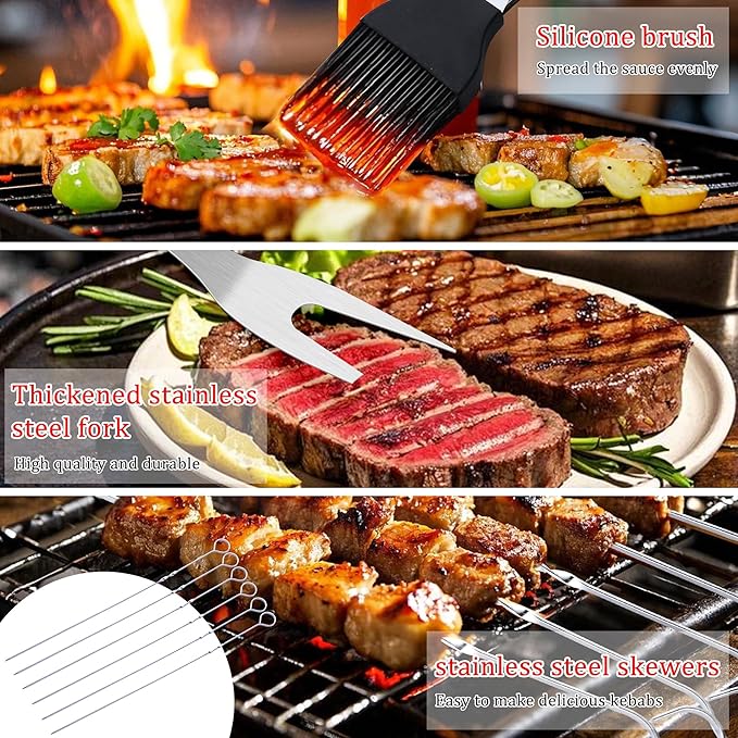 15-Piece Grill Set, BBQ Grilling Accessories with Tongs & Spatula, Stainless Steel Grill Utensils Set with Hooks & Storage Apron for Outdoor Cooking, Camping, Practical Gifts for Men Dad