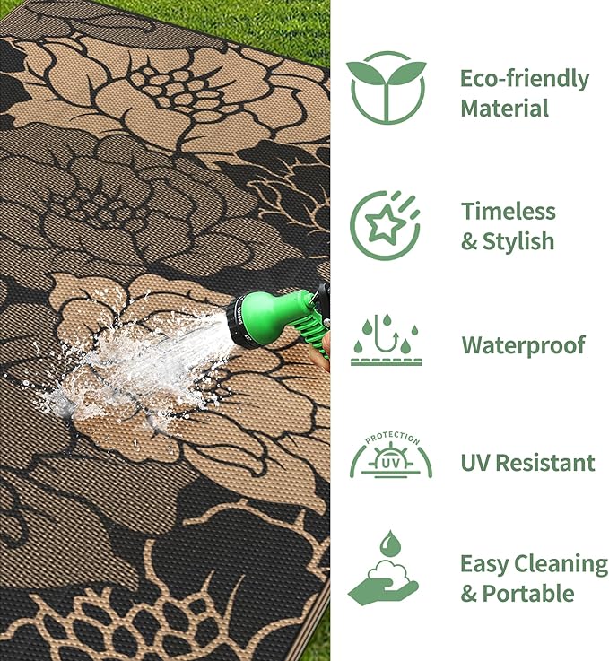 GENIMO Outdoor Rug Waterproof for Patio Decor, 6' x 9' Reversible Plastic Straw Floral Camping Carpet, Large Area Rugs Mats for RV, Camper, Deck, Balcony, Porch, Beach, Picnic, Mix-Black & Brown