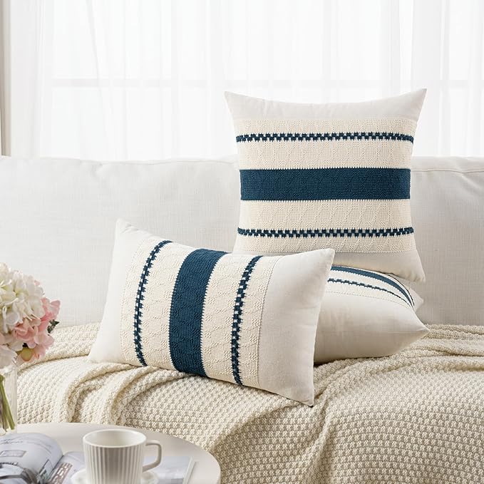 Fancy Homi Set of 2 Boho Teal Decorative Throw Pillow Cover 16x16 Inch for Couch Bed Sofa, Aesthetic Modern Organic Farmhouse Home Decor, Soft Cotton Cute Accent Macrame Woven Cushion Case