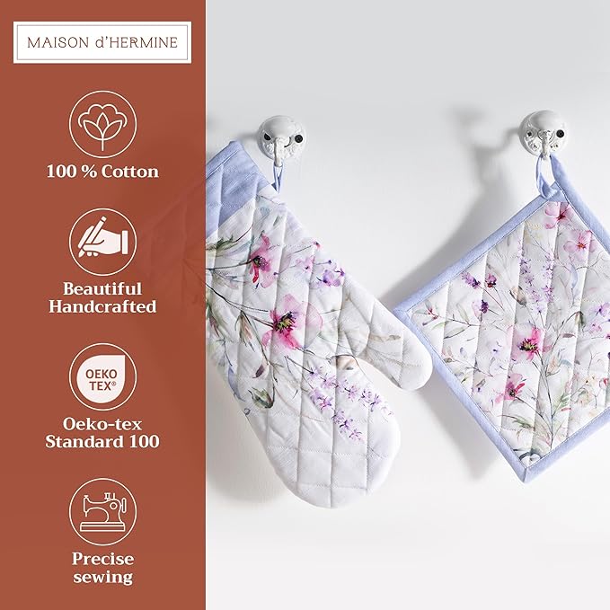 Maison d' Hermine 100% Cotton Oven Mitt & Pot Holder Set (7.5"x13" & 8"x8") Heat Resistant BBQ Cooking Gloves with Loop, Baking, Grilling, Kitchen, Handling Hot Pans Spring/Summer (Summer Floral)