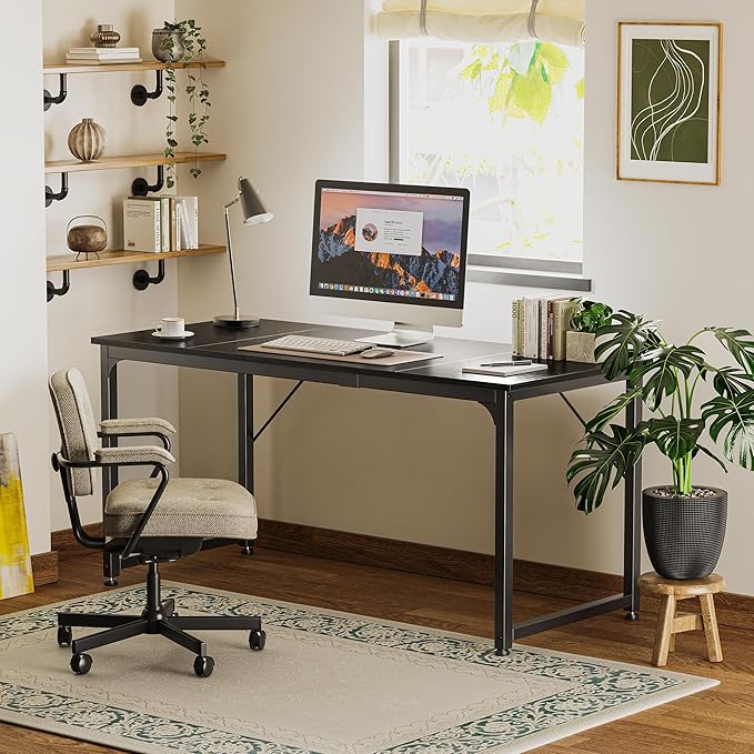 Huuger Modern Simple Office Desk, 63 Inch, Gaming & Writing Desk with Storage, Large Legroom, Metal Frame, Black