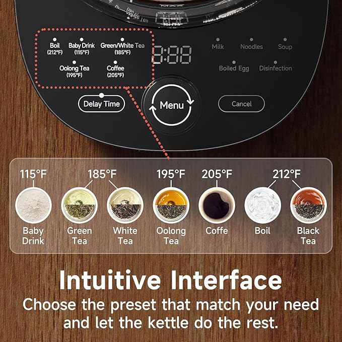 Hot Tea Maker Glass Electric Kettle with Tea Infuser and Temperature Control,1.5L Stainless Steel Tea Maker & 1200W Rapid Boiling,Programmable Control for your Favorite Teas and Coffee,Red