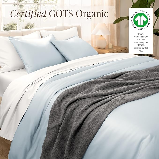 Bare Home 100% Organic Cotton Sateen Duvet Cover Set - Full/Queen Size - 400 Thread Count - Smooth Sateen Weave - Warm & Luxurious - Duvet Cover (Full/Queen, Winter Blue)