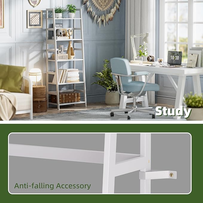 Ladder Shelf, 5-Tier Bookshelf, All Bamboo Heavy Duty Bookcase, Freestanding Open Wood Storage Rack, Modern Corner Display Plant Stand for Living Room, Home Office, Bathroom, Bedroom, White