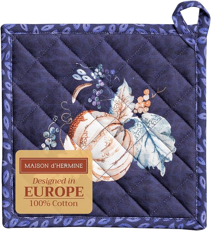 Maison d' Hermine Pot Holders 100% Cotton Heat Resistant Potholders 8" x 8" Hot Pads with Loop for Thanksgiving Christmas Decorations BBQ Cooking Baking Handling Hot Pans (Pack of 1, Pumpkin Blues)