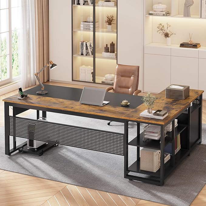 71 in Executive Desk with Power Outlets, Reversible L Shaped Desk with File Drawers & Storage Shelves, Large Office Desk Computer Desk with Pegboard, Mobile CPU Stand, Modern Corner Desk