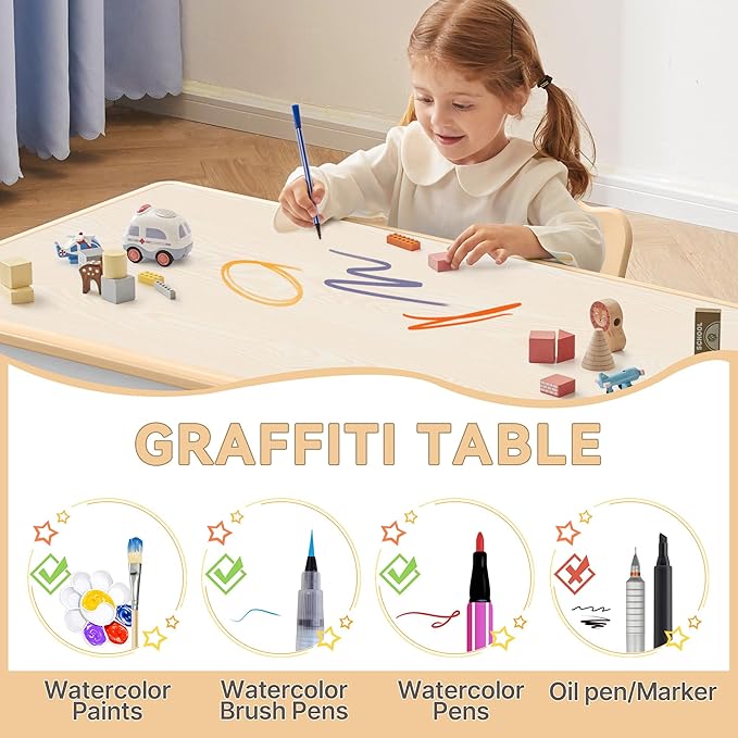 Kids Study Table and Chairs Set, Height Adjustable Toddler Table and Chair Set for Kids Ages 3-8, 31.5" L x 23.6" W Graffiti Desktop Plastic Children Art Table with 4 Seats, Brown