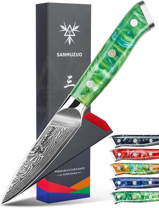 3.5 Inch Paring Knife - Kitchen Fruit Vegetable Knife Damascus Steel & Resin Handle - Xuan Series (Jade Green)