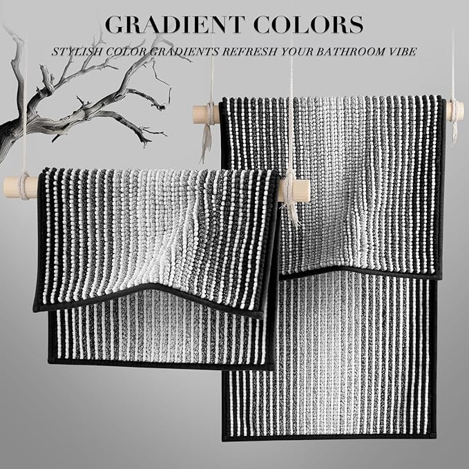 BSICPRO Bathroom Rugs and Mats Sets, 2 Piece Thick Absorbent Chenille Bath Mat Set Non Slip, Soft Shaggy Bath Room Floor Mats , Machine Washable (20" x 32" Plus 16" x 24", Black)