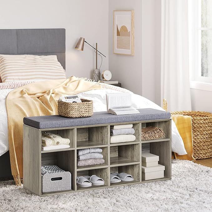 DINZI LVJ Shoe Bench, 12 Cubbies Shoe Organizer for Entryway, Storage Bench with Cushion, Cubby Shoe Rack with Adjustable Shelves for Living Room, Bedroom, Mudroom, Hallway, Gray Wash