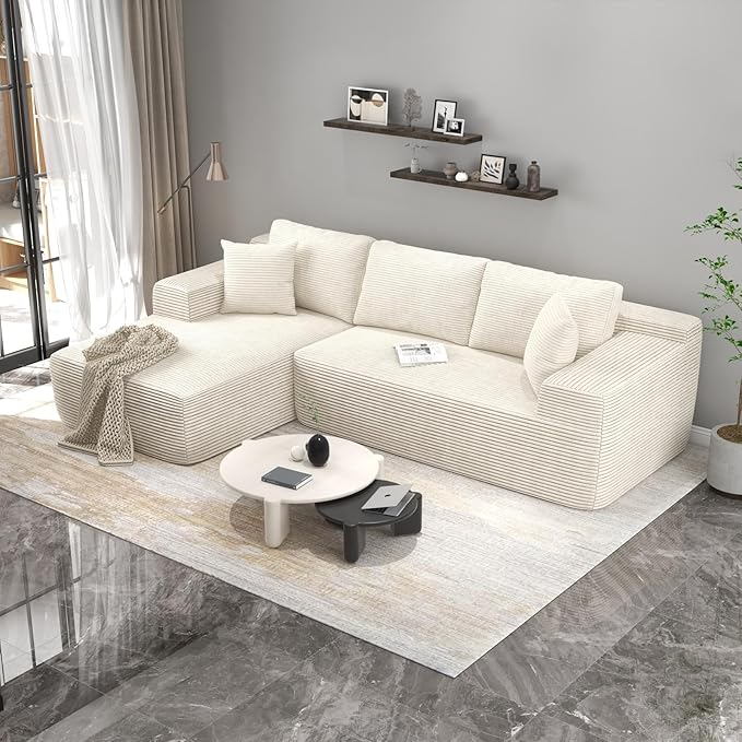 OC Orange-Casual 106.3" Cloud Sectional Couch with L-Shape Chaise,No Assembly Required Modular Sofa,Upholstered Boneless Couches for Living Room, Plush Corduroy Fabric (White, Left Facing Chaise)