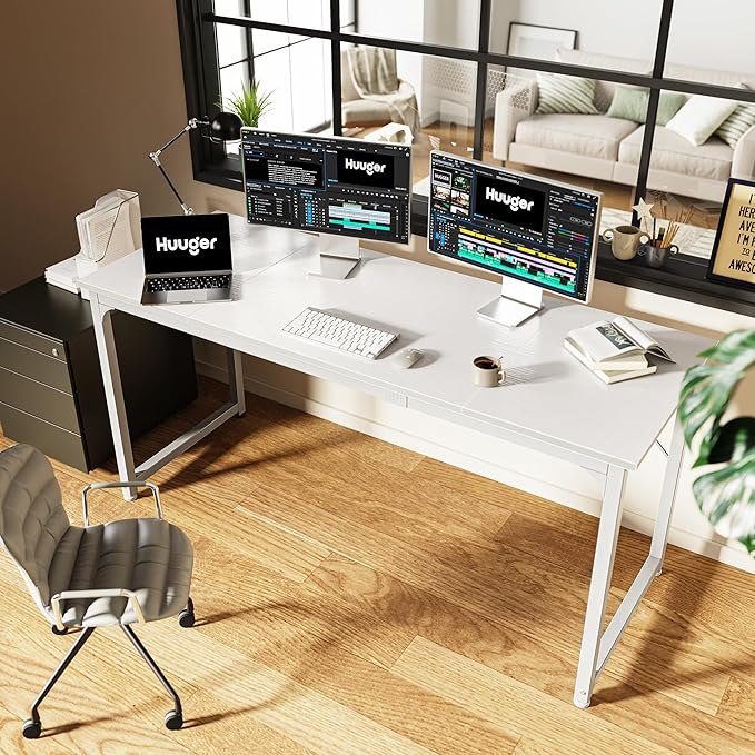 Huuger Computer Desk, 63 Inch Office Desk, Gaming Desk with Storage, Writing Desk Work Desk for Home Office, Study, Modern Simple Desk, Large Legroom, Metal Frame, White