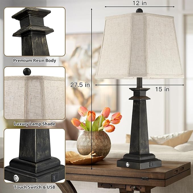 27.5" Table Lamps Set of 2, 3-Way Dimmable Touch Lamps for Nightstand, Farmhouse Table Lamp for Living Room and Bedroom with USB A+C Charging Ports, Bulbs Included (Black)