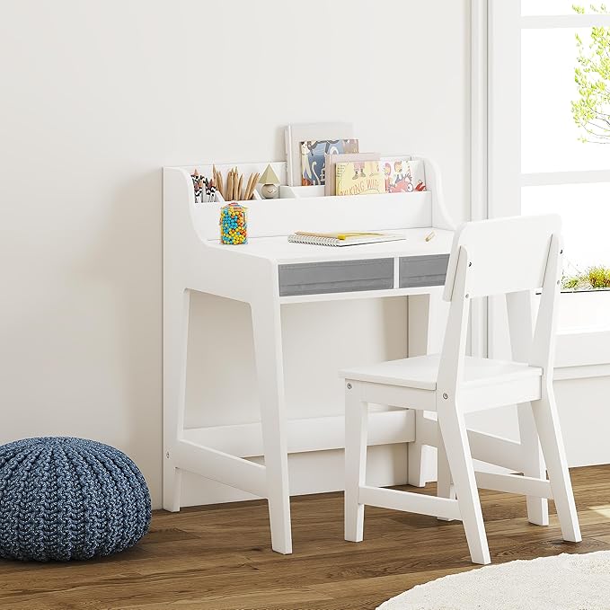 UTEX Kids Desk and Chair Set, Study Desk for Kids with Storage Bins, Wooden Children Study Table, Student Writing Desk for Bedroom & Study Room