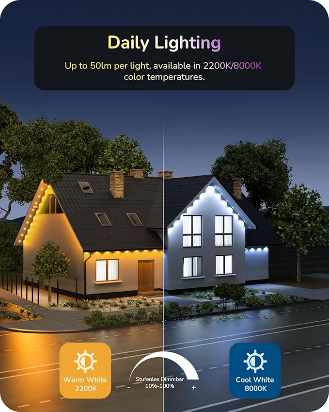 EDISHINE 60ft Permanent Outdoor Eave Lights for House, 40 Individually Controlled LED Christmas Light, IP67 Smart RGB+IC+Warm/Cool White Holiday Light, 50 Scene Modes, Work with Alexa Google Assistant