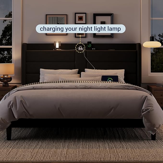 Allewie King Size Platform Bed Frame with Charging Station & Storage Headboard, Upholstered Velvet Wingback Design & USB Port, Strong Wooden Slats Support, No Box Spring Needed, Easy Assembly, Black