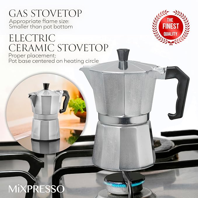 Mixpresso 3 Cup Moka Pot Cuban Coffee Maker, Moka Pot for Gas, Electric Stove Top, Classic Italian Coffee Maker, Stovetop Espresso Maker, Camping Pot Makes 3 Espresso Cup 5 Oz