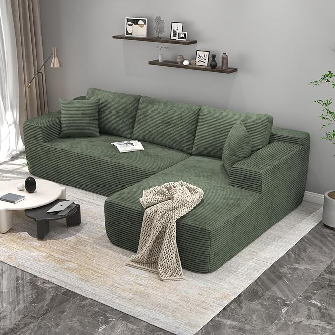 OC Orange-Casual 106.3" Cloud Sectional Couch with L-Shape Chaise,No Assembly Required Modular Sofa,Upholstered Boneless Couches for Living Room, Plush Corduroy Fabric (Green, Right Facing Chaise)