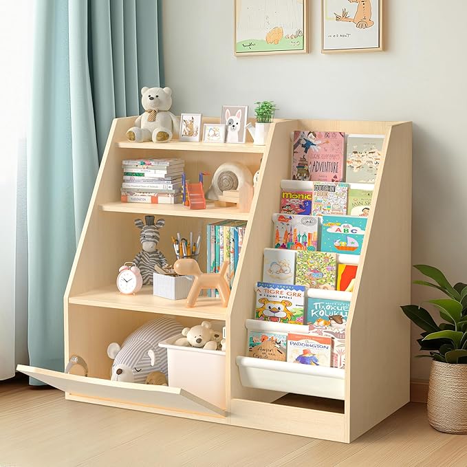 TOETOL 3 Tier Kids Bookshelf and Book Storage，6 Sling Toddler Bookshelf, Storage Boxes Book Shelf & Organizer for Nursery Playroom Classroom Library Bedroom Natural Wood