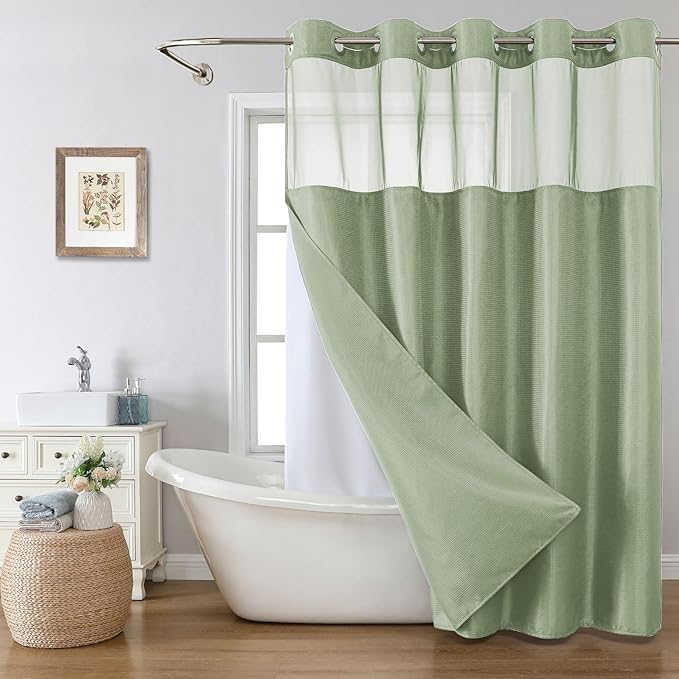 Stall No Hook Shower Curtain with Snap-in Fabric Liner Set,Waffle Weave Shower Curtains for Bathroom,Hotel Luxury Decor Bathroom Curtain Set,Waterproof & Washable,Sage Green,54Wx80H