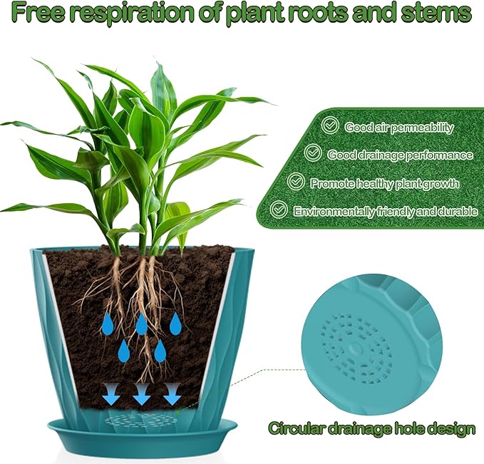 7 Inch Plant Pots Set of 5, Plastic Flower Pots with Drainage Holes and Trays, Planter Pot for Indoor Plants, Decorative Pots for Plants Indoor/Outdoor （Multicolor）