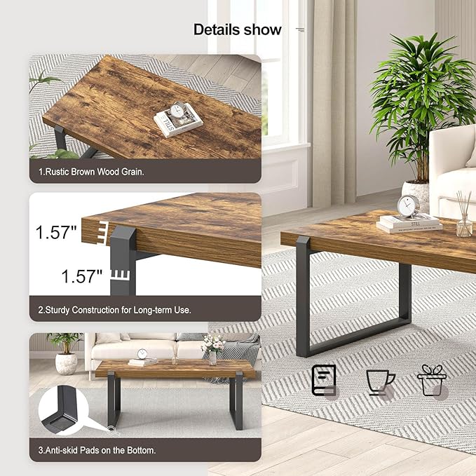 EXCEFUR Modern Coffee Table, Industrial Wood and Metal Center Table, Cocktail Tea Table for Living Room Home Office, Rustic Brown, 44 Inch