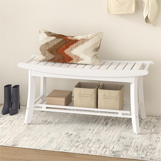 Bamboo Entryway Storage Bench with Shelves Shoe Rack Bench Seat Organizer for Porch Bedroom Bathroom Balcony 39 x 13 x 19.2 Inches White