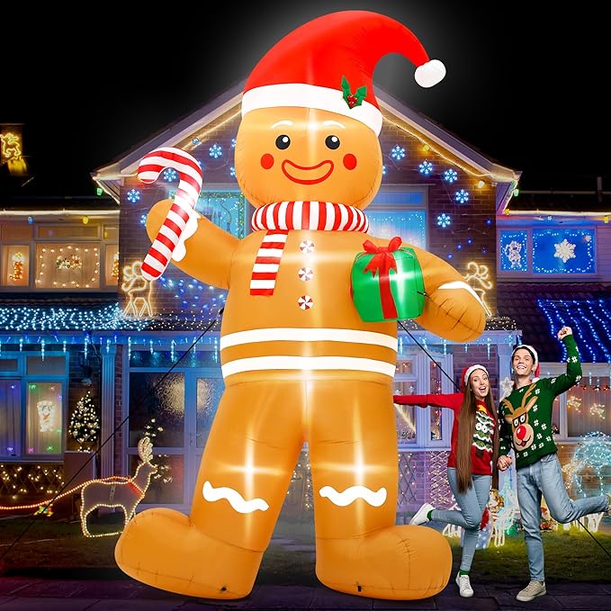 12FT Christmas Inflatables, Giant Blow Up Christmas Gingerbread Man Decorations, Lighted Up Xmas Gingerbread with Red Hat and Candy Cane, Pre-lit Christmas Archway Inflatable Decor for Yard Lawn