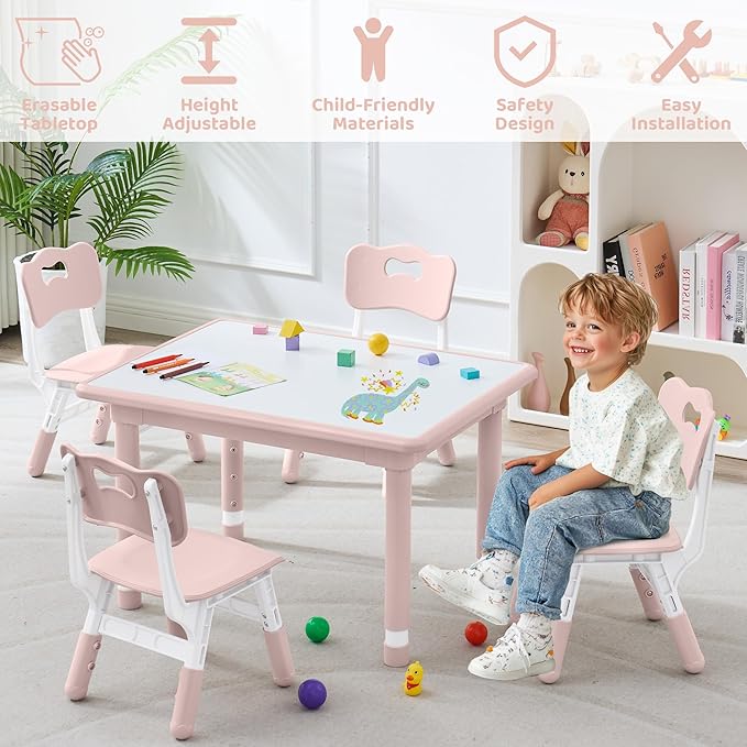 Kids Table and 4 Chairs Set, Height Adjustable (17.7"-26.1") Toddler Table and Chair Set, Multi-Activity Table with Graffiti Desktop, Children’s Table and Chairs for Classroom, Home & Daycare