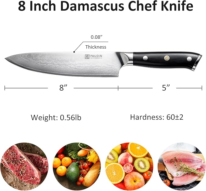 PAUDIN Damascus Chef Knife, 8 Inch Kitchen Knife, 67 Layers Damascus Steel Knife Japanese VG10 Core, Professional Chefs Knife with Ergonomic G10 Handle