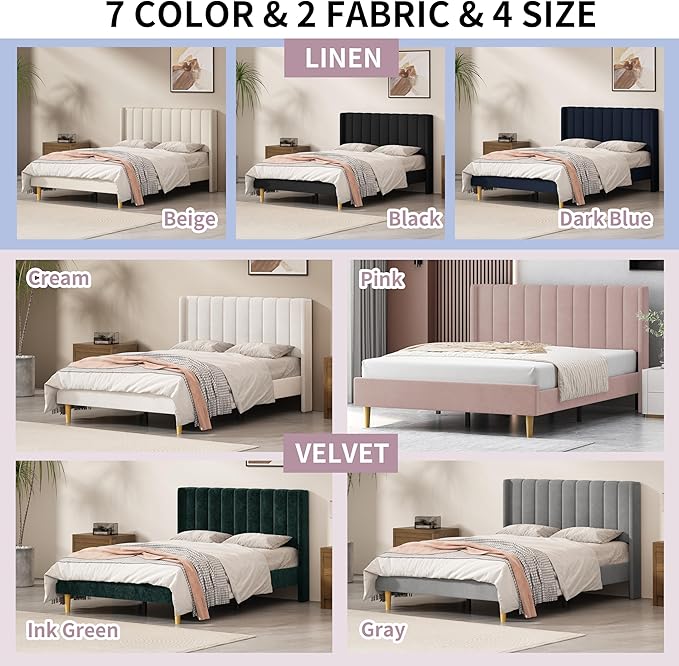 Queen Size Upholstered Platform Bed Frame with Modern Wingback & Vertical Panel Headboard, Velvet Fabric, Wooden Legs & Slats Support, No Box Spring Needed, Noise-Free & Easy Assembly, Pink
