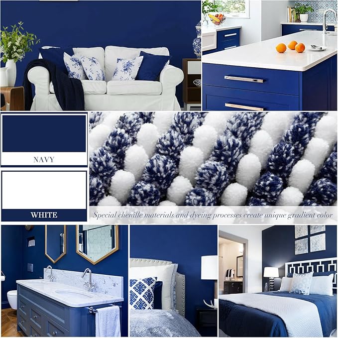 BSICPRO Bathroom Rugs and Mats Sets, 2 Piece Thick Absorbent Chenille Bath Mat Rug Set Non Slip, Soft Shaggy Bath Room Floor Mats for Bathroom, Machine Washable (Navy, 20" x 60" Plus 20" x 32")