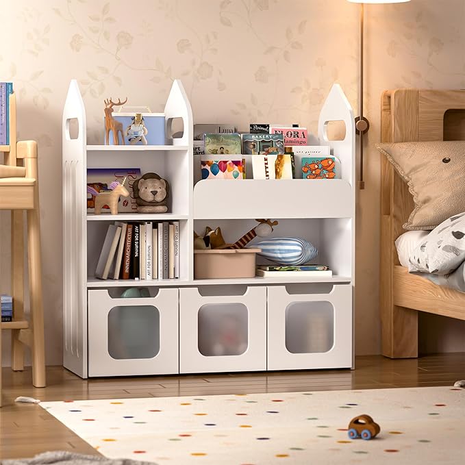 Toy Storage Organizer with 3 Movable Drawers and 3 Storage Cubby, 33.5" H Kids Bookshelf and Toy Storage，Book Shelf for Kids Room, Nursery, Playroom, Bedroom, White