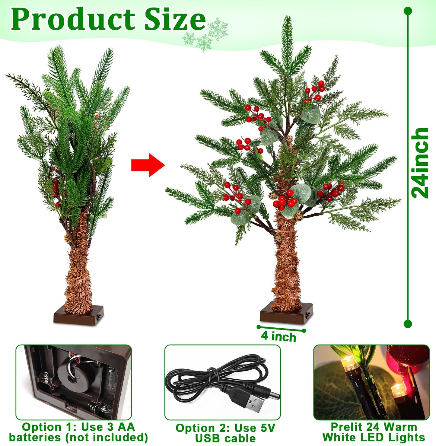 24" /2FT Tabletop Christmas Tree with Lights Timer, USB or Battery Powered, Prelit Small Christmas Trees with Realistic Norfolk Pine &Cypress Tips 24LED Berries Pinecones Xmas Indoor Home Table Desk