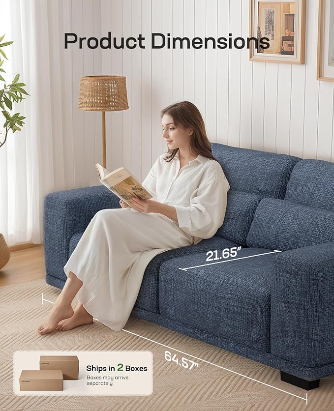 Marsail 65" Sofa Couch, 2-Seater Couches with Wide Armrests & Deep Cushions, Modern Linen Fabric Sofas for Living Room, Comfy Upholstered Couch with Removable Washable Covers, Blue