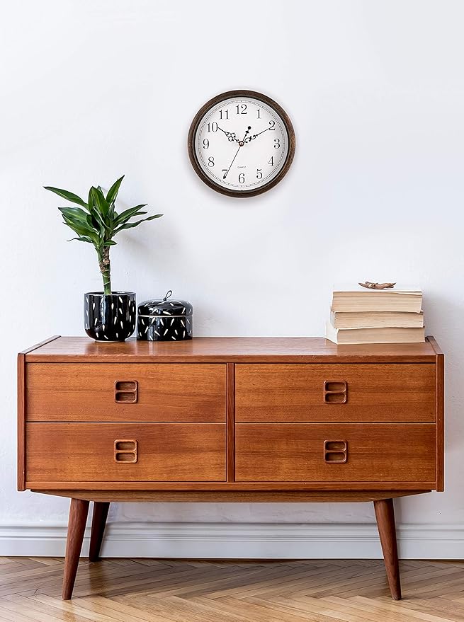 Bernhard Products Wall Clock 10 Inch Silent Non Ticking Movement Quality Quartz Battery Operated Round Easy to Read Decorative Brown Home/Kitchen/Office/Bedroom/Classroom/School Clocks, Black Numbers